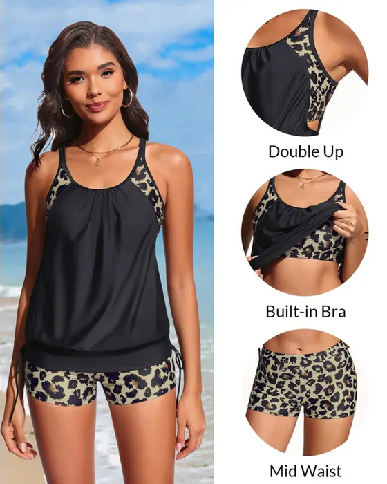 Tankini Mouwloos Luipaard Patchwork Trekkoord