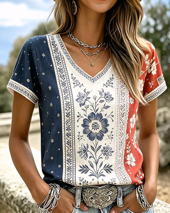 T-Shirts Kleurblok Etnisch Bloemen V-Hals