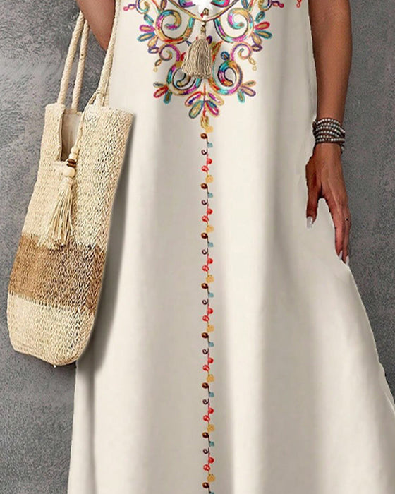Jurk Etnische Stijl Print Mouwloos Split Lang