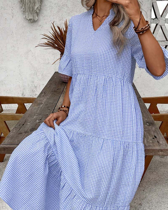Jurk Blauw Wit Gingham V-Hals