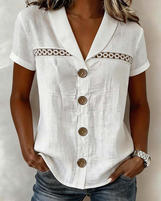 Blouse V-Hals Knoop Uitsnijding Effen