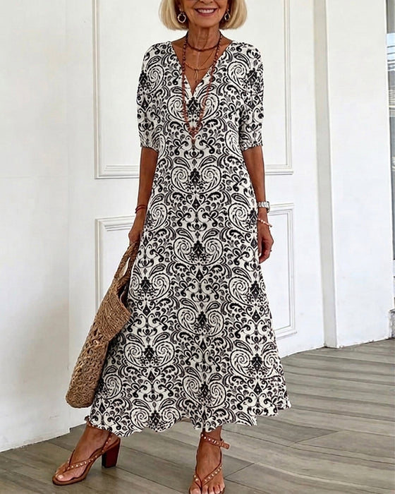 Jurk Vintage Bloemenpatroon V-Hals Maxi