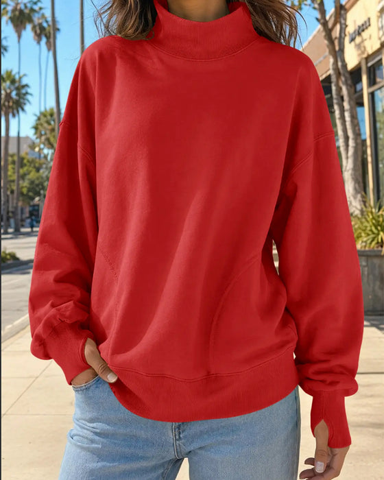 Sweatshirt Hoge Hals Verlaagde Schouder Effen