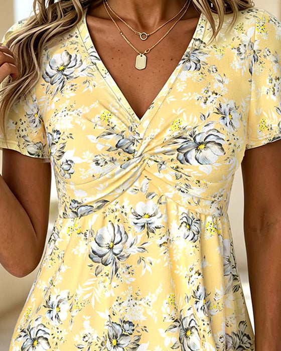 T-Shirt V-Hals Twist Bloemen Korte Mouw