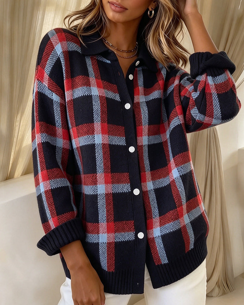 Cardigan Rever Geknoopt Geruit Wijd
