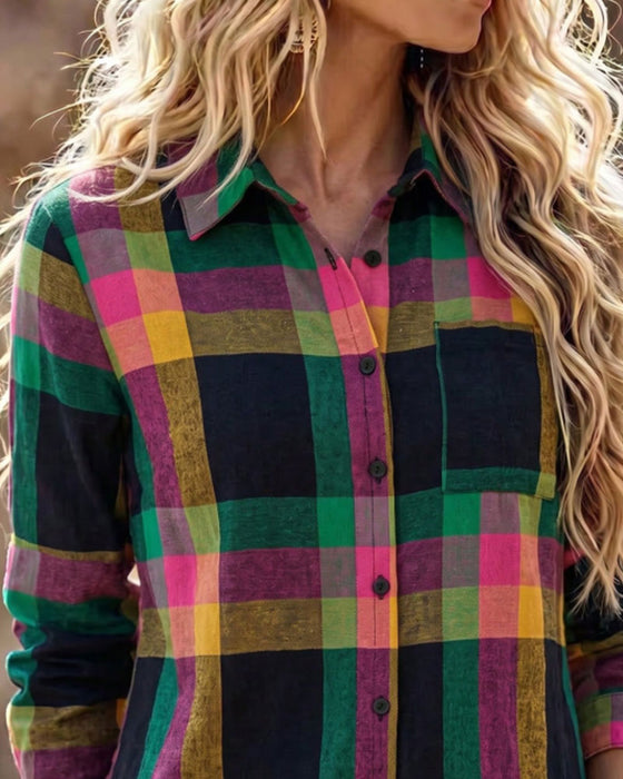 Blouse Kraag Zak Geruit Overhemd