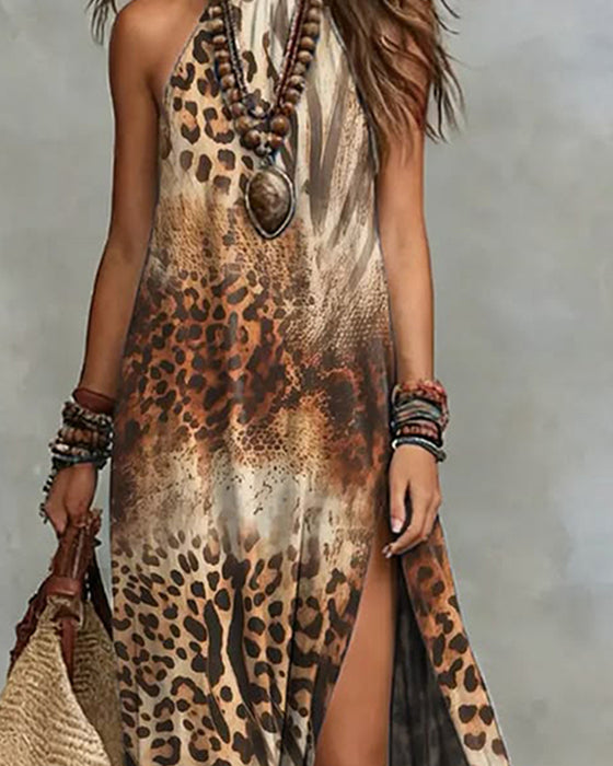 Jurk Hoge Snit Halter Luipaardprint