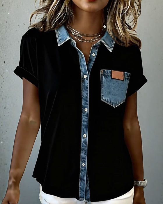 T-Shirt Denim Patchwork Omslagkraag