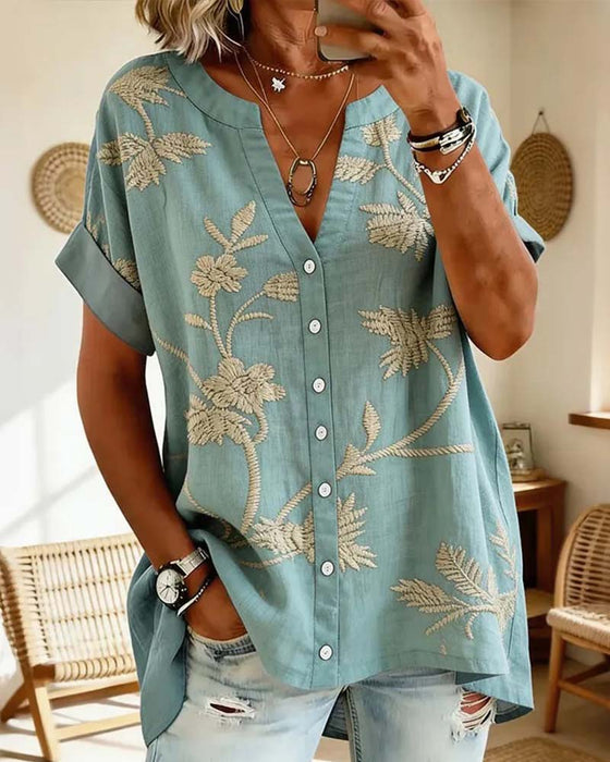Blouse V-Hals Met Print Korte Mouwen