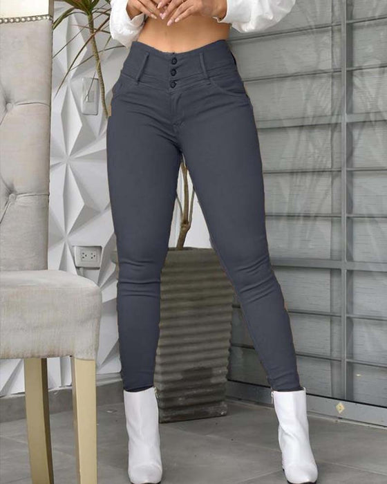 Broek Hoge Taille Zak Knoop Smal