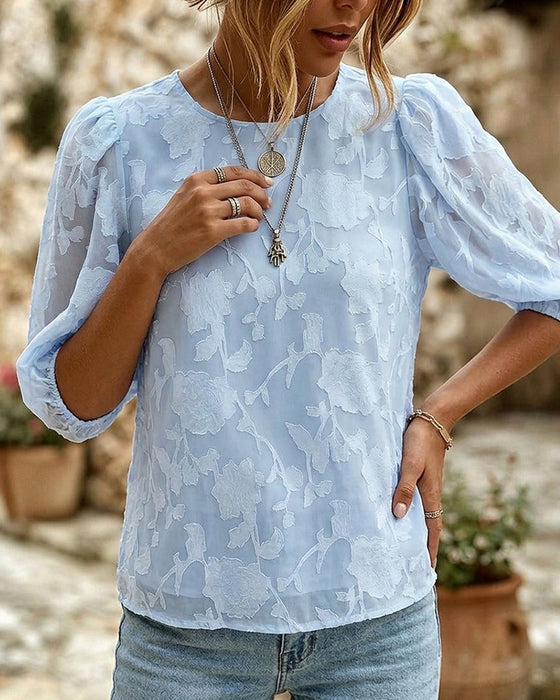 Ronde Hals Blouse Met Pofmouwen