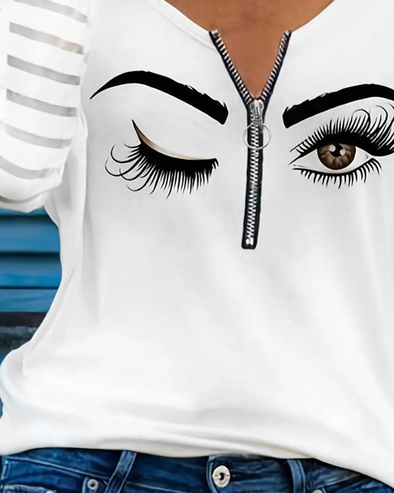 Top Bedrukt Gestreept Patchwork Half-Zip