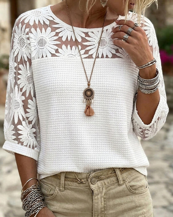 T-Shirt Ronde Hals Kant Wafel Patchwork