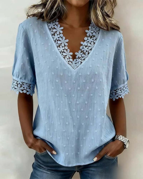 Blouse Kant V-Hals 3D Bloemig Effen
