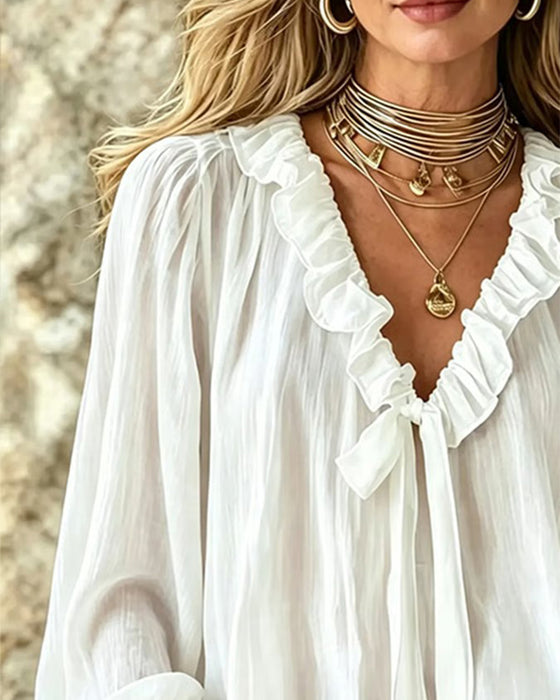 Blouse Ruffle Kraag Strik Lange Mouw