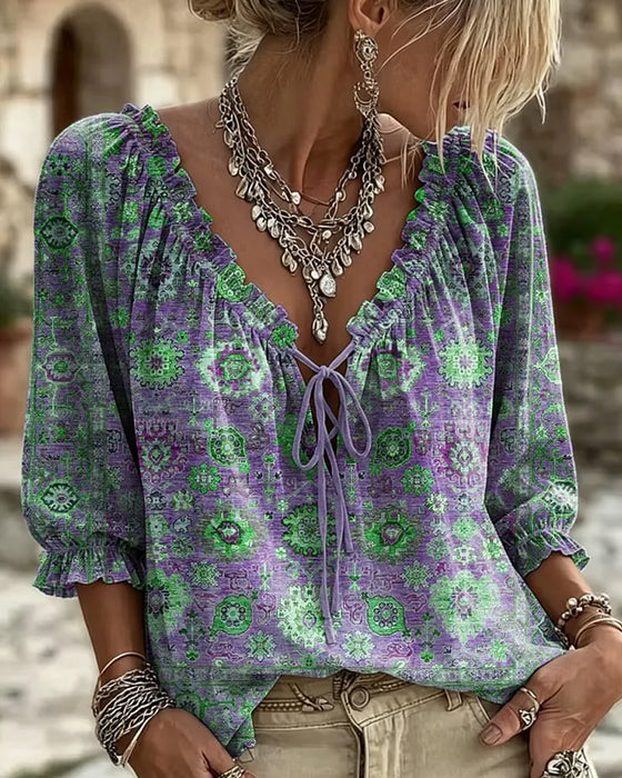 Blouse V-Hals Strik Vintage Print