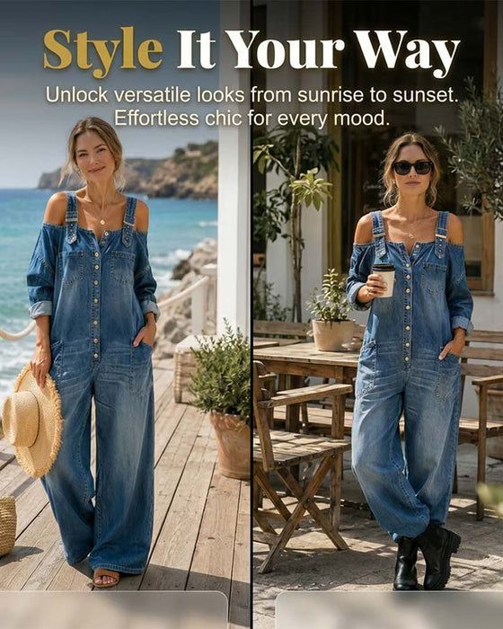 Jumpsuit Spaghettiband Koele Schouder Wijd Been Denim