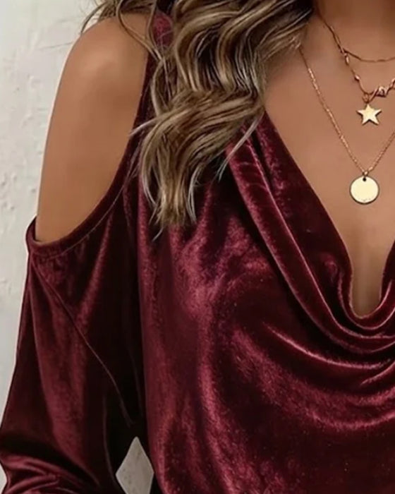 Blouse Fluweel Bardot Cowl Hals Lange Mouw