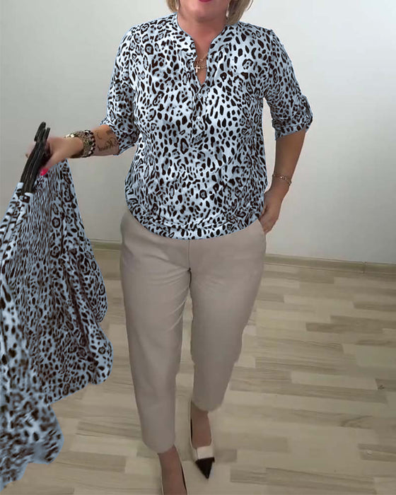 Blouse Staande Kraag Mode Luipaard