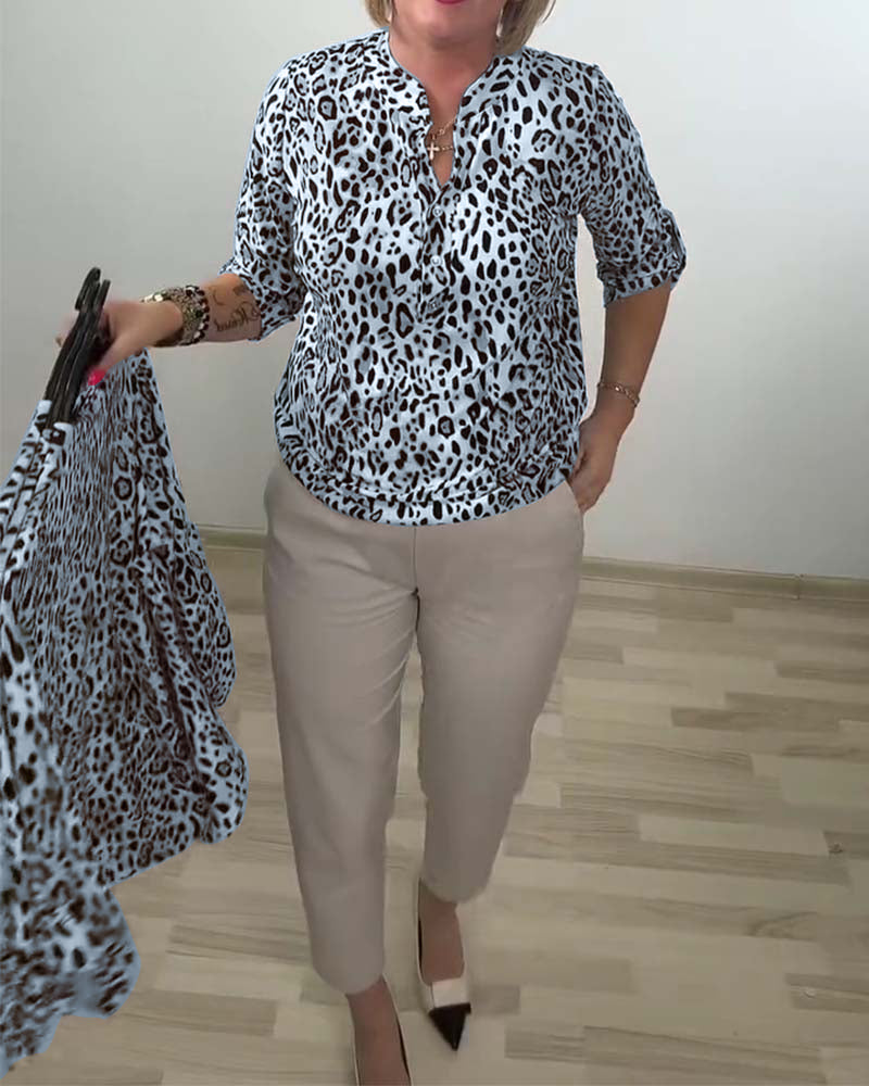 Blouse Staande Kraag Mode Luipaard