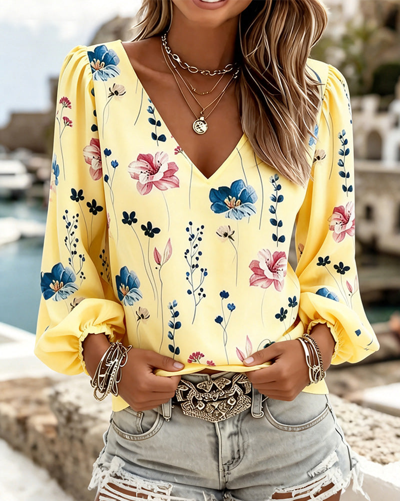 Blouse Lantaarn Mouw V-Hals Bloemig