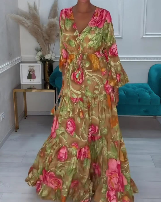 Jurk V-Hals Volle Rok Bloemen