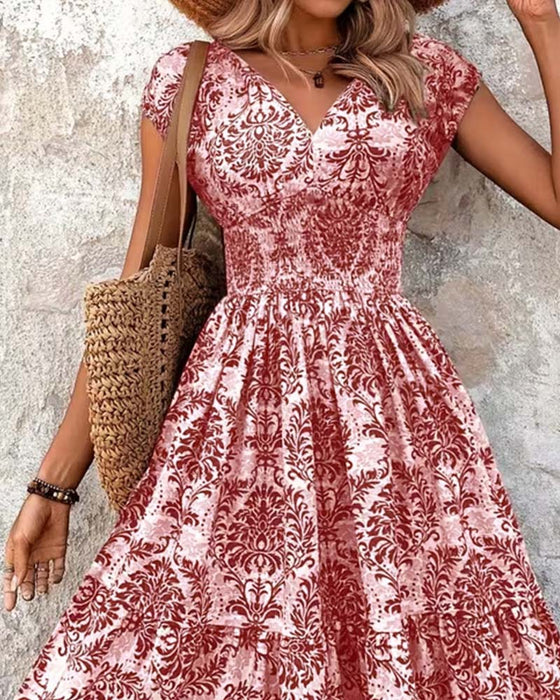 Jurk Retro Print V-Hals Ingesnoerde Taille Lang