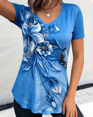T-Shirt Bloemig V-Hals Korte Mouw