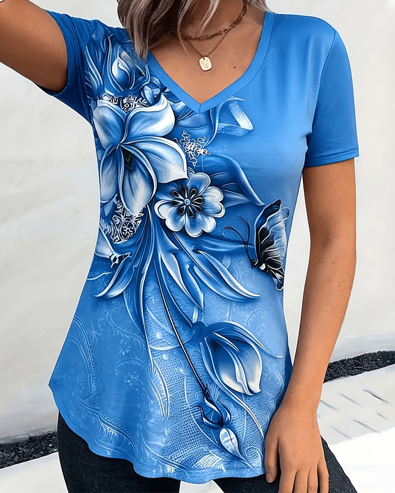 T-Shirt Bloemig V-Hals Korte Mouw