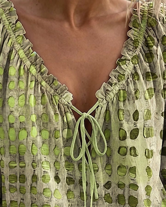 Blouse Stippenpatroon Met Vetersluiting