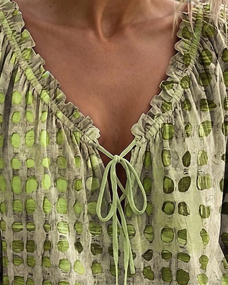 Blouse Stippenpatroon Met Vetersluiting