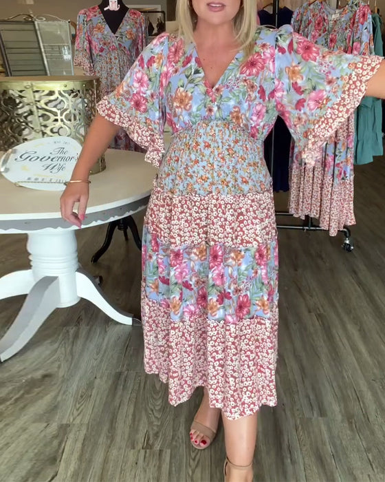 Jurk V-Hals Lotussmouwe Bloemig