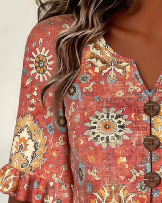 Blouse Etnische Print Flutter Mouw