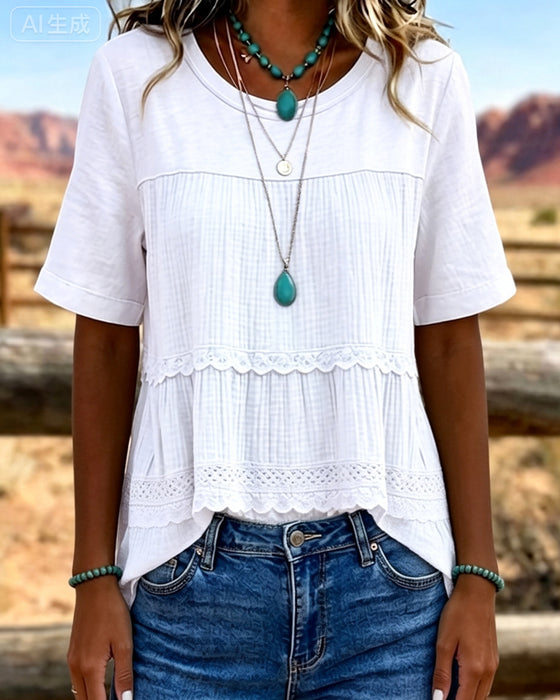T-Shirt Ronde Hals Ruche Patchwork Effen
