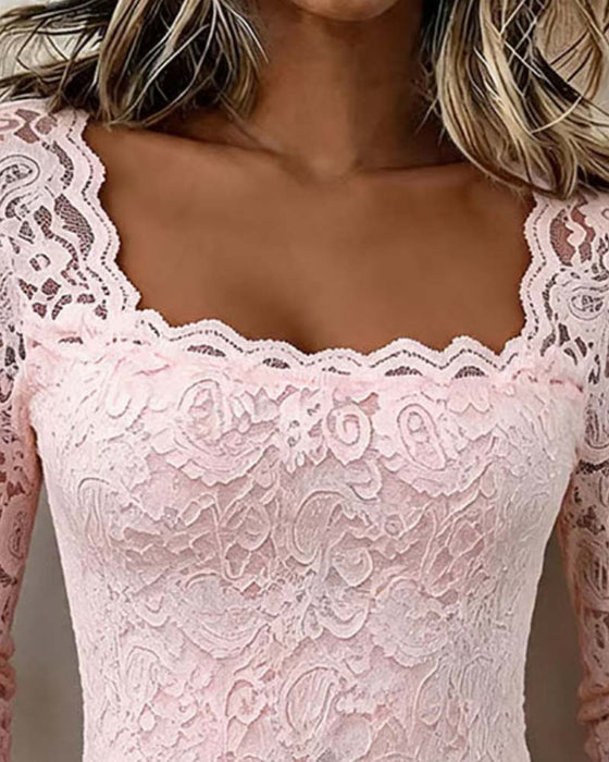 Blouse Vierkante Hals Kant Patchwork