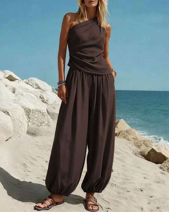 Set Enkel Schouder Tank Top Hoge Taille Broek
