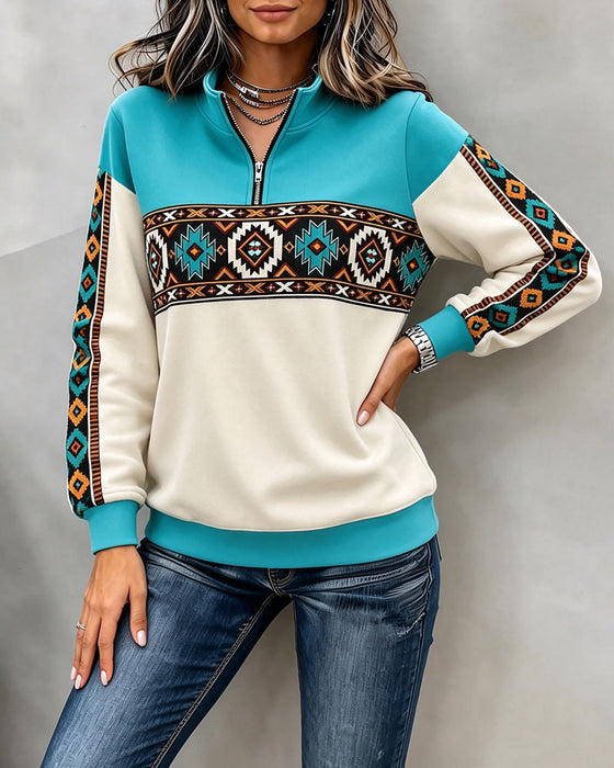 Hoodie Etnisch Geometrische Print Halfrit Mandarin Kraag