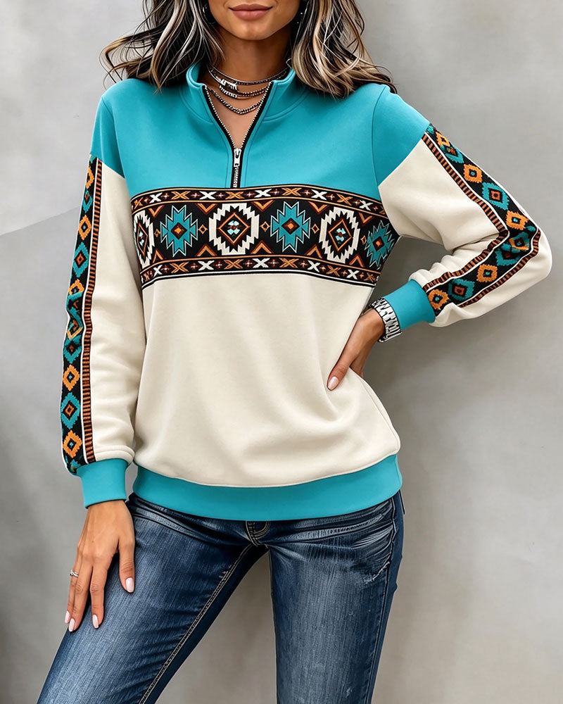 Hoodie Etnisch Geometrische Print Halfrit Mandarin Kraag