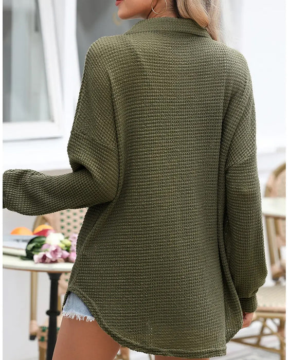 Blouse Effen Knoop-Down Los Kraag