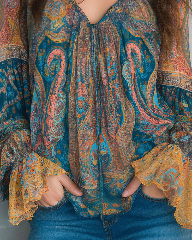 Bohemische V-Hals Blouse Met Uitlopende Mouwen