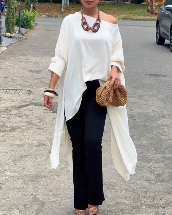 Blouse Asymmetrische Hals Onregelmatig Split Ellebooglange Mouw