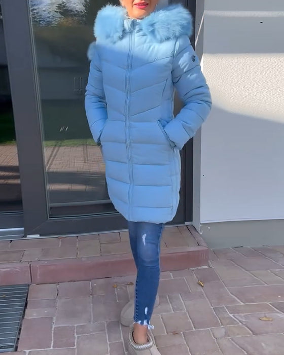 Casual effen kleur gewatteerde jas met ritszak en capuchon