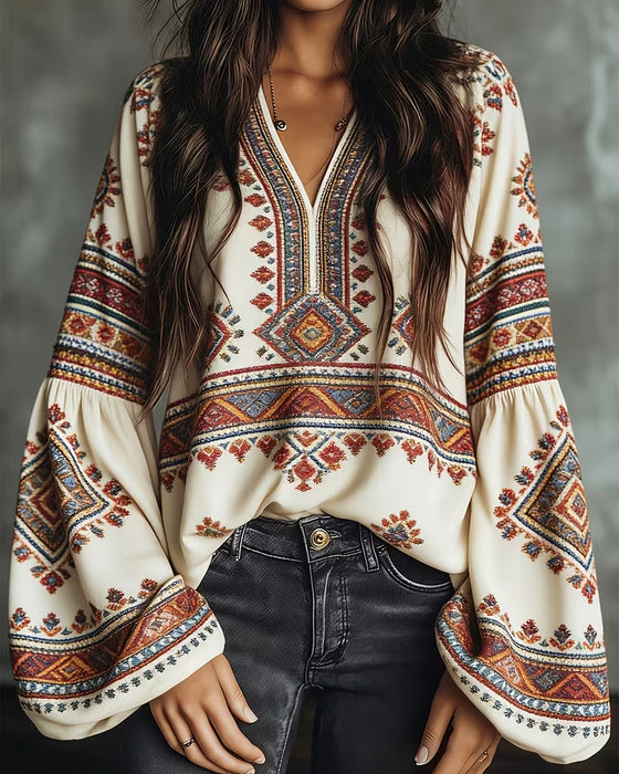 Blouse Etnisch Geometrisch Print Lantaarn Mouw