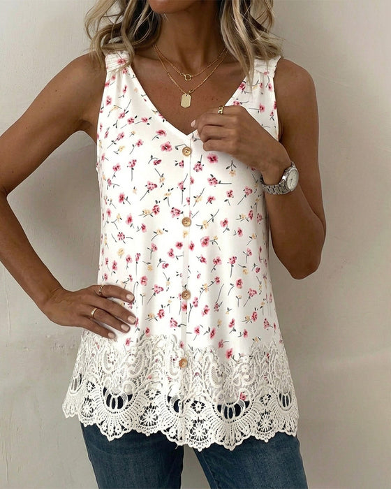 Tank Top V-Hals Spaghettiband Bloemen Kant Patchwork