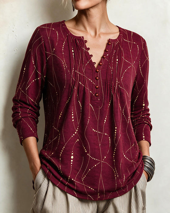 Blouse V-Hals Knoop Gerimpeld Lijn