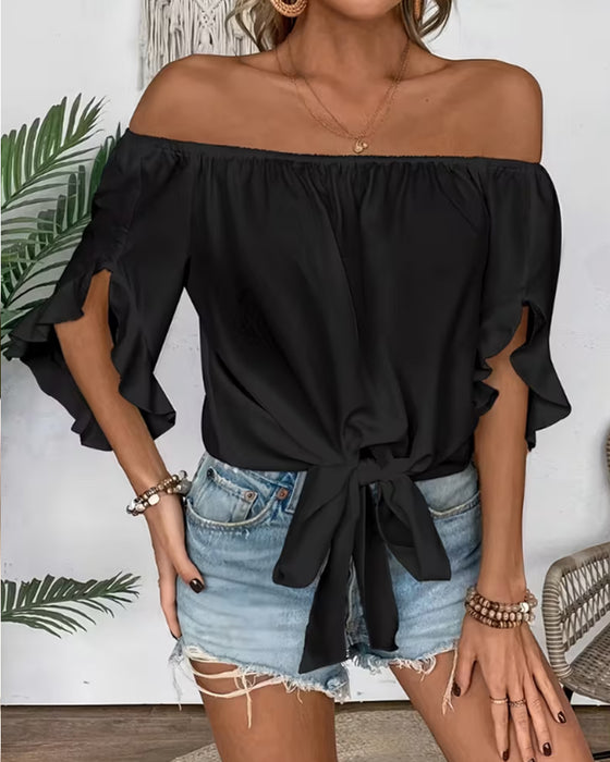Blouse Off-Shoulder Strik Uitlopende Mouw