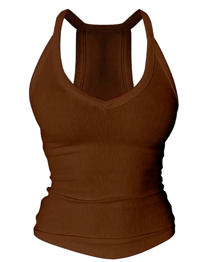 Cami Top Ingebouwde Bh V-Hals Geribbeld Spaghettibandjes