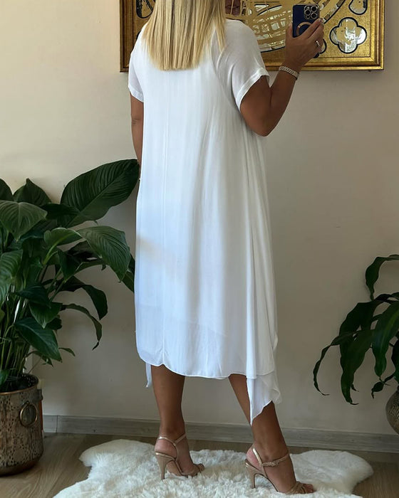 Jurk Nep Twee-delig Dubbel-laags Los Korte Mouwen