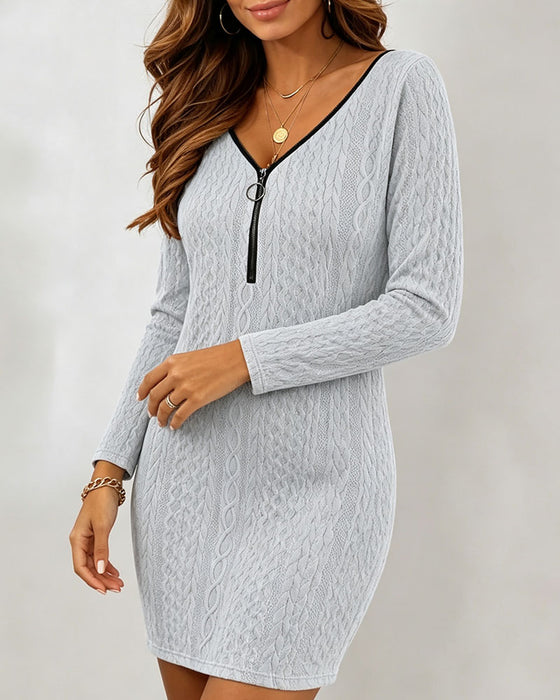 Jurk V-Hals Rits Casual Lange Mouw