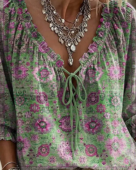 Blouse V-Hals Strik Vintage Print